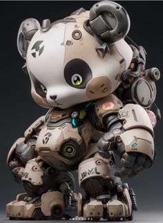 a teddy bear that is sitting on some kind of mechanical robot with green eyes and headphones