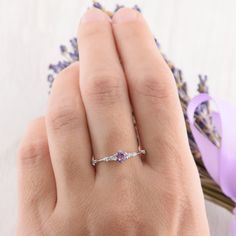 Womens Amethyst Promise Ring, Amethyst Silver Ring, Unique Promise Ring, Dainty Engagement Ring, Amethyst Jewelry, Silver Promise Ring WE OFFER UNLIMITED PERIOD INSTALLMENTS PLAN This is a beautiful, stunning, feminine ring that works well for all occasions, styles, and ages. You will love it! Ring information: Main stone: Amethyst Approximate size: 4.0mm Accent stones: Cubic zirconia Approximate size: 1.75mm (6 stones) Metal type: Silver Metal stamp: 925 sterling silver Installment Payments We Dainty Engagement Ring, Dainty Wedding Band, Unique Promise Rings, Silver Promise Rings, Dainty Engagement, Tiny Wedding, Dainty Engagement Rings, Art Deco Wedding Band, Mom Ring