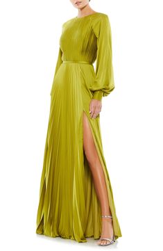 High Neck Gown, Long Flowing Skirts, Pleated Gown, Mac Duggal, Gowns With Sleeves, A Line Gown, Apple Green, Mother Of The Bride Dresses, Long Sleeve Maxi Dress