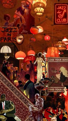 a collage of various images with people in the background and an advertisement for jazz in paris