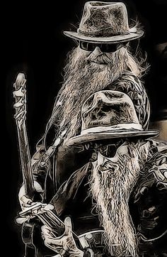 a drawing of an old man with long hair and beard wearing a hat holding a guitar