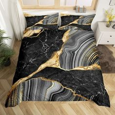 black and gold marble bedding set with pillows