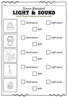 the worksheet for light and sound is shown in this printable activity sheet