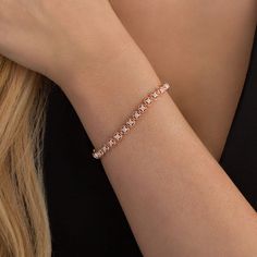 Bright and beautiful, this diamond tennis bracelet is a shining addition to your day or evening attire. Crafted in sterling silver with 14K rose gold plate, this dainty style design features milgrain-edged open circle links centered with squared beaded and sparkling diamond-touched composites. Radiant with 1/4 ct. t.w. of diamonds and a brilliant buffed luster, this charming 7.25-inch tennis bracelet secures with a tongue and groove clasp. Rose Gold Plate, Dainty Style, Diamond Tennis Bracelet, Circle Diamond, Sparkling Diamond, Bright And Beautiful, Tongue And Groove, Tennis Bracelet Diamond, Evening Attire