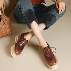 Women Round Toe Lace Up Leather Chunky Brogue Shoes Platform Oxfords in Brown/Red Platform Oxfords, Oxford Platform, Oxford Boots, Buckle Ankle Boots, Shoes Platform, High Heel Wedges, Brogue Shoes, Unique Beauty, Western Cowboy Boots