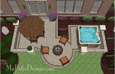 an aerial view of a patio and hot tub