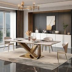 an elegant dining room with marble table and chairs