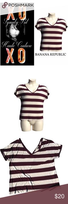 Cozy Butter Soft V Neck Vertical Striped Tee The softest and coziest tee ever.  You'll even want to sleep in it! Wine berry color with tan/gray alternating stripe. Forgiving fabric: Tag says Petite Small but fits family member who is a standard Medium 8/10 and another who is a Plus 2x. Made of 95% viscose and 5% spandex. Gentle wash cold inside out. Dry flat. Cool iron. Excellent ready to wear condition.No holds/trades/off app transactions- firm. Kind offers welcomed. Low ballers blocked. All sales videotaped. 5-star seller. Fast shipper! Banana Republic Tops Trade Off, Berry Color, Vertical Stripes, Striped Tee, To Sleep, 5 Star, Banana Republic