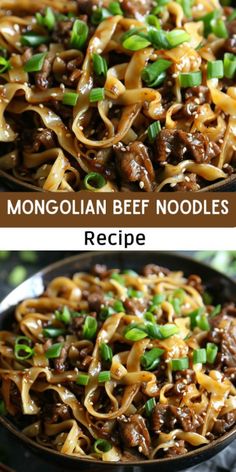 beef noodles are being cooked in a skillet and then topped with green onions on top