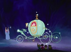 the princess and her friends are riding in a horse drawn carriage at night with their dog