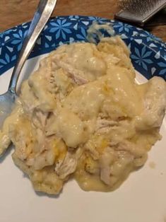 a blue and white plate topped with chicken and gravy next to a fork