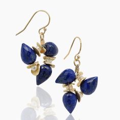 Gold, Pearl & Stone Earrings - These elegant earrings feature artist Lori Kaplans signature design, with lapis buds gems in a herringbone style, accompanied by freshwater white pearls.  22K gold vermeil details on a 14K gold-filled French ear wire add extra extra glitz. Elegant Lapis Lazuli Earrings With Natural Stones, Elegant Lapis Lazuli Gemstone Earrings, Elegant Lapis Lazuli Jewelry With Matching Earrings, Elegant Lapis Lazuli Dangle Jewelry, Pearl Gold Earrings, September Birthstone Jewelry, Freshwater Pearl Earrings, August Birthstone Jewelry, July Birthstone Jewelry