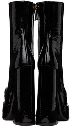 Calf-high patent calfskin leather boots in black. · Square toe · Zip closure at inner side · Buffed lambskin lining in black · Covered block heel with rubber injection · Covered platform midsole · Leather outsole · Platform: H3 in · Heel: H6 in Supplier color: Black Sleek Glossy Boots For Evening, Sleek Glossy Finish Evening Boots, Patent Leather Evening Boots For Winter, Winter Evening Patent Leather Boots, Patent Leather High Ankle Boots With Reinforced Heel, Evening Patent Leather Boots With Block Heel, High Ankle Boots With Reinforced Heel In Patent Leather, Luxury Patent Leather Heeled Boots For Fall, Evening Patent Leather Boots With Sculpted Heel