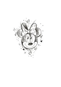 a black and white drawing of mickey mouse with hearts on it's chest,