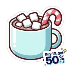 a mug filled with marshmallows and a candy cane sticker for sale