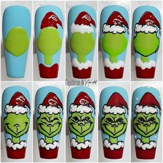 O Grinch, Xmas Nail Designs, Nail Art Noel, Christmas Nail Art Easy, Santa Nails, Xmas Nail Art, Nail Drawing, Nail Designs Tutorial, Diy Acrylic Nails