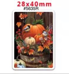 this is an image of a fall scene with pumpkins and birds in the basket