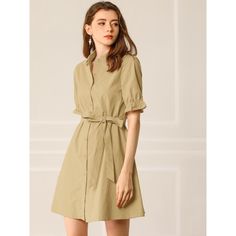 With ruffled short sleeves and a flattering tie at the waist, this shirt dress is crafted from soft cotton. Transition easily from day to night in this shirt dress in workwear style - a classic full button front with a pointed collar and waist tie. Available in a variety of styles, this solid A-line dress is belted, pointed collar, knee-length, ruffled short sleeves, button-down collar, solid color, belted dress, and heels for a retro look, perfect for everyday wear or weekend events. Dot Print Dress, Target Clothes, Button Down Shirt Dress, Workwear Fashion, Suspender Dress, Khaki Dress, Shirt Dresses, Ruffle Shorts, Mini Shirt Dress