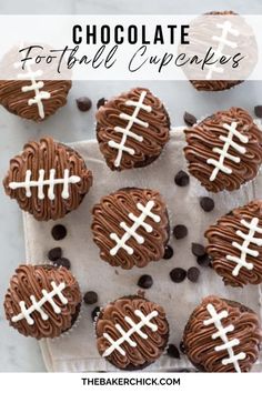 chocolate football cupcakes with white frosting on top