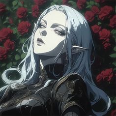 a woman with long white hair and horns standing in front of roses