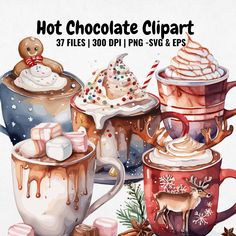 hot chocolate clipart with coffee mugs, marshmallows and christmas decorations