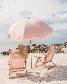 two chairs and an umbrella on the beach