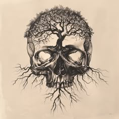 a drawing of a human skull with tree roots