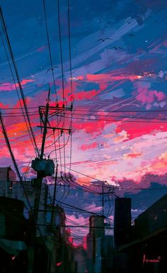 the sky is pink and blue as it appears to be covered by power lines with birds flying in the distance