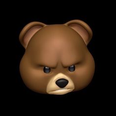 a brown teddy bear with big blue eyes and an angry look on its face, against a black background