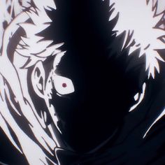 an anime character with white hair and black eyes looking into the distance, in front of a dark background