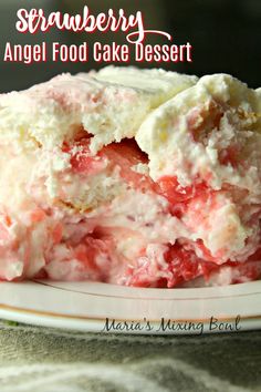 strawberry angel food cake dessert on a white plate with the title overlay above it