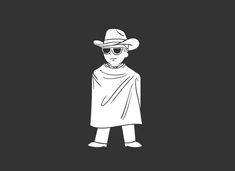 a black and white drawing of a man wearing a hat, sunglasses and a cape