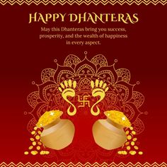 happy dhanteras greeting card with two golden pots and gold decorations on red background