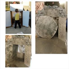 there is a small boy standing in front of a stone fire place that has been built into the ground