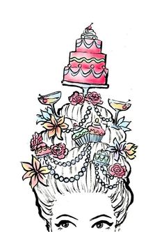 a drawing of a woman's head with a cake on top of her head