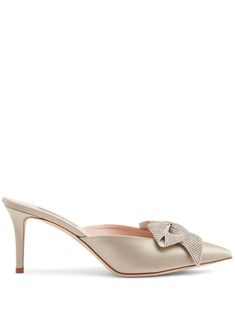 beige satin calf leather pointed toe bow detailing crystal embellishment slip-on style branded leather insole stiletto heel 70mm heel height Elegant Mules With 4-inch Heel And Pointed Toe, Formal Slip-on Heels With Bow, Feminine High Heel Mules For Evening, Evening Bow High Heel Mules, Party Slip-on Heels With Bow, Party Bow Slip-on Heels, Elegant Cocktail Heels With Satin Bow, Evening Mules With Bow And Pointed Toe, Elegant Pointed Toe Mules With Bow