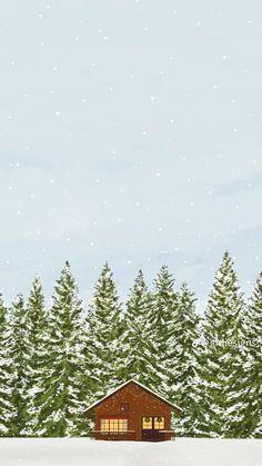 a cabin in the middle of a snowy forest with pine trees and snow flakes