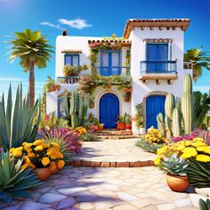 a white house with blue doors surrounded by flowers and cactuses in front of it