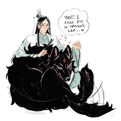 a drawing of a woman riding on the back of a black cat with a thought bubble above her head