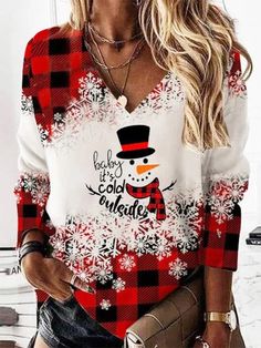 Red Casual Graphic Tops V-neck Long Sleeve Snowman Printed Xmas Sweatshirts Christmas Butterfly, Streetwear Wardrobe, Butterfly Graphic, Design Stand, Bleu Violet, Christmas Tops, Long Sleeve Tops Casual, Women Hoodies Sweatshirts, Samoa