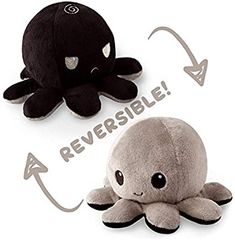 an octopus stuffed animal next to a stuffed squid plush toy with reversibles