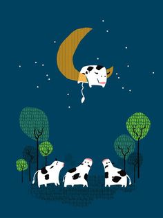 three cows are laying down in the grass near trees and a half moon is above them