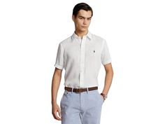 Polo Ralph Lauren Short Sleeve Linen - Classic - Men's Clothing : White : A Polo Ralph Lauren Classic Fit Linen Shirt that will keep you feeling as cool as you look. The button-down shirt is crafted from a lightweight, breathable linen woven with a button-down collar, short sleeves, and finished with a signature pony player embroidery at the left chest. Center box pleat at the straight back yoke. Shirttail hemline. 100% linen. Machine wash, tumble dry. Imported. Measurements: Length: 29 in Chest Classic Linen Short Sleeve Shirt For Work, Classic Linen Short Sleeve Work Shirt, Formal Short Sleeve Linen Shirt, Formal Short Sleeve Linen Top, Classic White Linen Short Sleeve Shirt, Fitted Linen Short Sleeve Shirt For Spring, Fitted Linen Short Sleeve Casual Shirt, Polo Ralph Lauren Shorts, Ralph Lauren Shorts