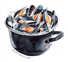 a pot filled with mussels on top of a white surface