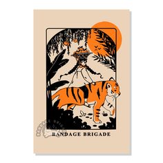 an orange and black poster with a tiger on it's back, in front of the