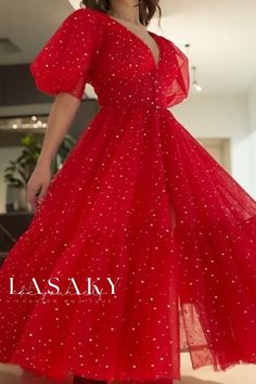 Lasaky - Elegant Sparkling Bubble Sleeve Deep V-Neck Evening Gown for Parties Red V-neck Holiday Dress, Red V-neck Dress For Holiday, Red V-neck Holiday Maxi Dress, Red V-neck Maxi Dress For Holidays, Scarlet Red Dress, Teuta Matoshi, Tea Length Prom Dress, Apricot Dress, Beach Dress Summer