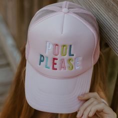 Dive into trendy poolside vibes with our iconic Pool Please Foam Trucker Hat! Known for its timeless "POOL PLEASE" design in vivid multicolors, this best-selling classic has now made a splash on our light pink foam hat. Crafted for those who cherish poolside fun, this Katydid original promises to add a vibrant touch to your sunny-day ensemble. Get ready to make a stylish statement and beckon the good times by the pool with this trendy and playful hat!   65% cotton, 35% polyester   machine wash delicate or hand wash  one size fits most  adjustable back  mesh netting  snapback closure Graphic Tee Style, Sweater Layering, Event Gifts, Mesh Netting, Top Graphic Tees, Crochet Bag Pattern, Custom Hats, Dallas Tx, Hat Hairstyles