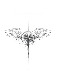 a cross with wings on it and a compass in the middle is drawn by hand