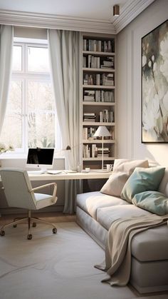 a living room filled with furniture and a computer on top of a white desk next to a window