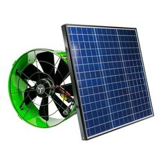 a solar powered fan is attached to the side of a white wall with a green panel on it